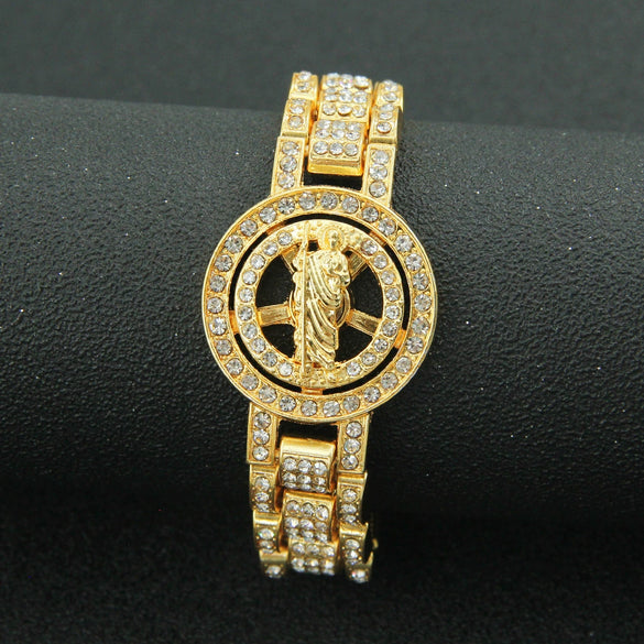 Men's Hip Hop Cool Alloy Rotatable Portrait Watch With Diamond And Geometric Style Bracelet