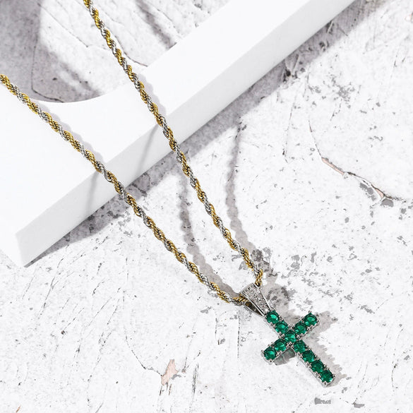 Men's Hip Hop Copper Cross Necklace With Zircon Pendants And Electroplating Treatment