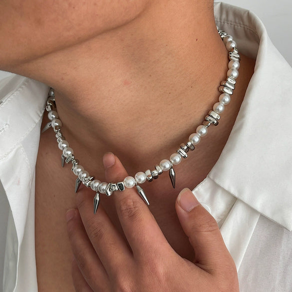 Men's Hip Hop Imitation Pearl Stainless Steel Alloy Rivet Handmade Geometric Clavicle Chain Necklace