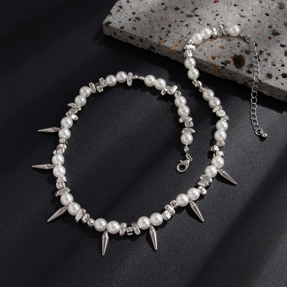 Men's Hip Hop Imitation Pearl Stainless Steel Alloy Rivet Handmade Geometric Clavicle Chain Necklace
