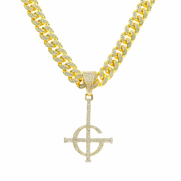 Men's Hip Hop Punk Alloy Necklace With Diamond Ghost Cross Pendant And Cuban Chain Geometric Design