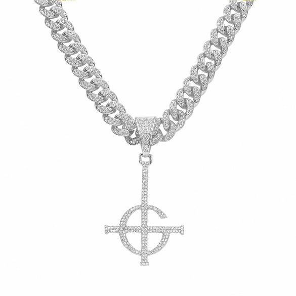 Men's Hip Hop Punk Alloy Necklace With Diamond Ghost Cross Pendant And Cuban Chain Geometric Design