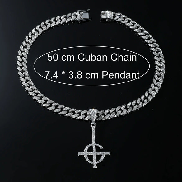Men's Hip Hop Punk Alloy Necklace With Diamond Ghost Cross Pendant And Cuban Chain Geometric Design
