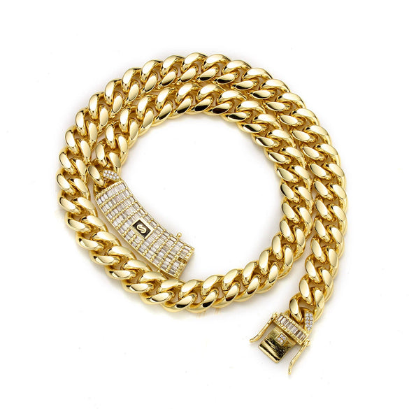 Men's Hip Hop Stainless Steel Cuban Chain Jewelry With Geometric Pattern Buckle And Zircon Polished And Electroplated