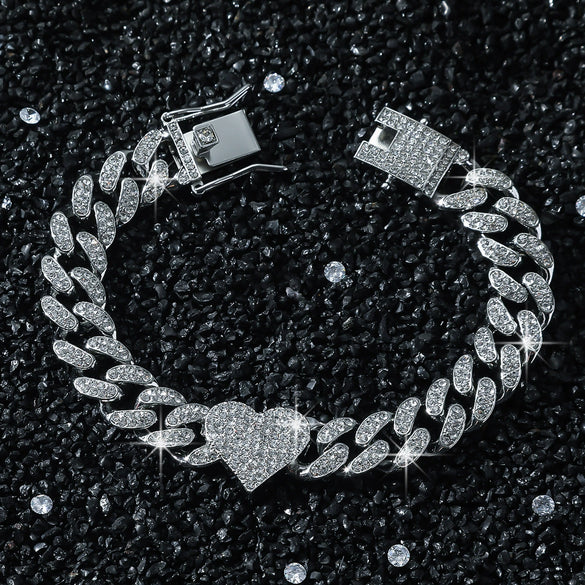 Men's Hip Hop Style Alloy Cuban Chain With Diamond And Peach Heart Design Necklace