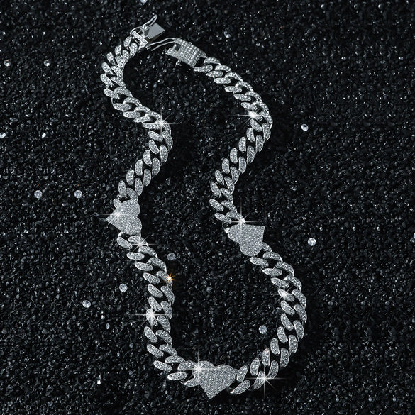Men's Hip Hop Style Alloy Cuban Chain With Diamond And Peach Heart Design Necklace
