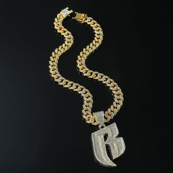 Men's Hip Hop Style Alloy Pendant Necklace With Rhinestone And Letter B Design Cuban Chain Accessories