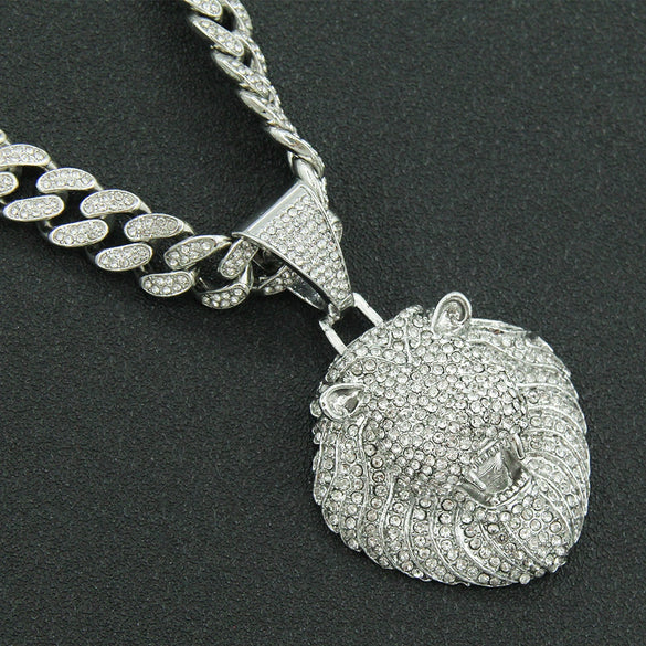 Men's Hip Hop Style Alloy Threedimensional Lion Head Pendant Cuban Chain Necklace With Diamond Design