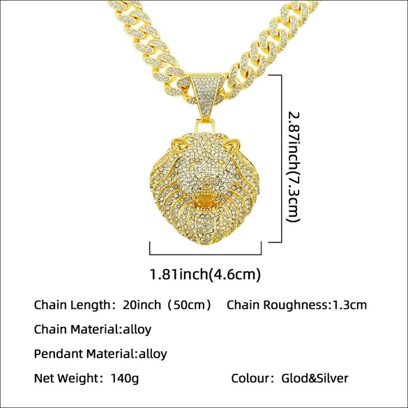 Men's Hip Hop Style Alloy Threedimensional Lion Head Pendant Cuban Chain Necklace With Diamond Design