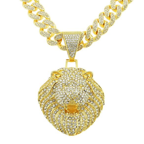 Men's Hip Hop Style Alloy Threedimensional Lion Head Pendant Cuban Chain Necklace With Diamond Design
