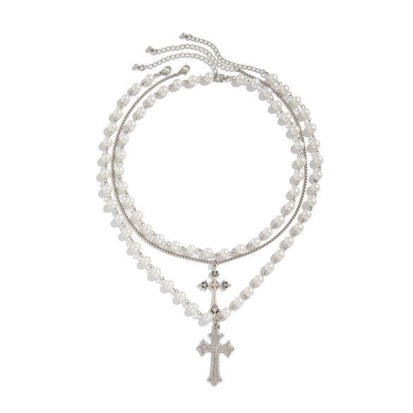 Men's Hip Hop Style Imitation Pearl And Alloy Cross Pendant Handmade Necklace With Geometric Pattern