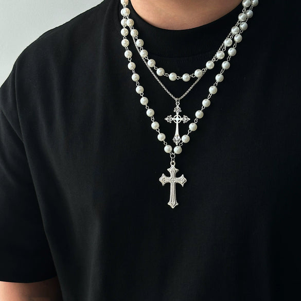 Men's Hip Hop Style Imitation Pearl And Alloy Cross Pendant Handmade Necklace With Geometric Pattern