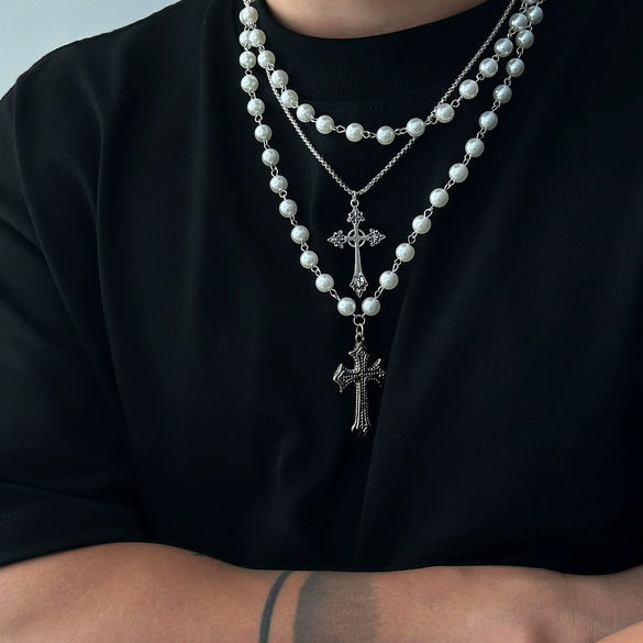 Men's Hip Hop Style Imitation Pearl And Alloy Cross Pendant Handmade Necklace With Geometric Pattern