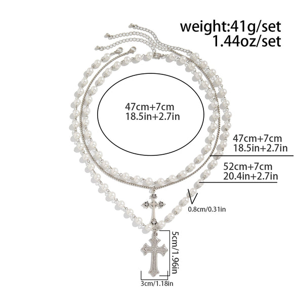 Men's Hip Hop Style Imitation Pearl And Alloy Cross Pendant Handmade Necklace With Geometric Pattern