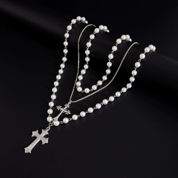 Men's Hip Hop Style Imitation Pearl And Alloy Cross Pendant Handmade Necklace With Geometric Pattern