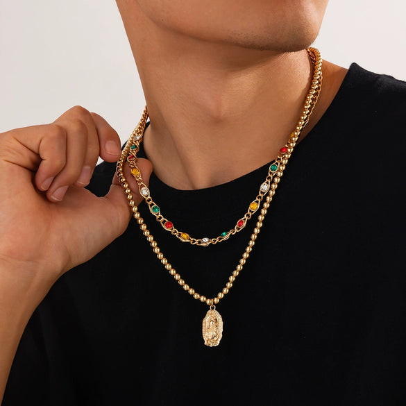 Men's Hiphop Allmatch Geometric Round Bead Necklace Handmade With Alloy Pendant