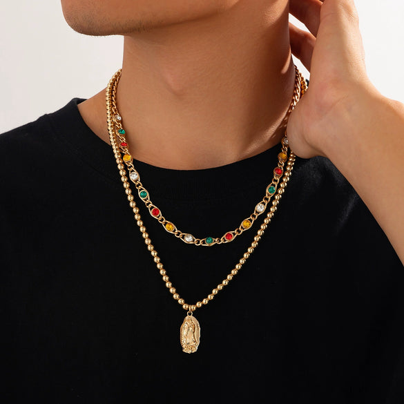 Men's Hiphop Allmatch Geometric Round Bead Necklace Handmade With Alloy Pendant