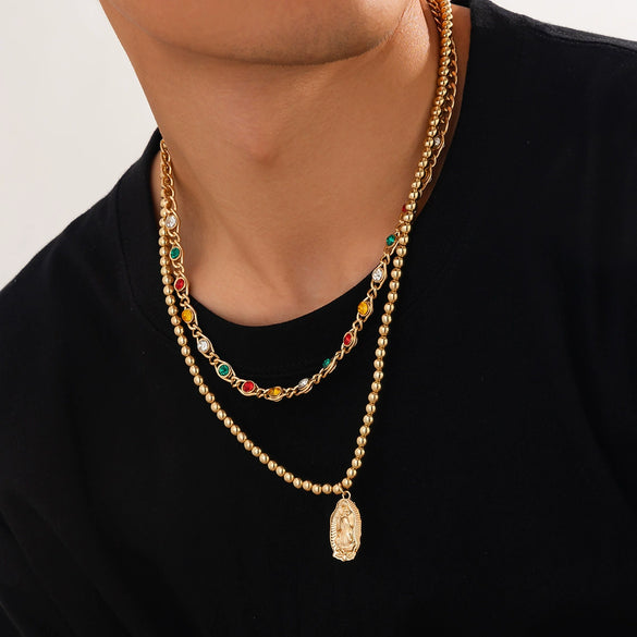 Men's Hiphop Allmatch Geometric Round Bead Necklace Handmade With Alloy Pendant