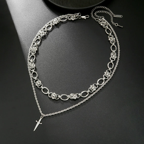 Men's Hiphop Alloy Iron Geometric Handmade Doublelayer Spliced Sword Pendant Layered Necklace