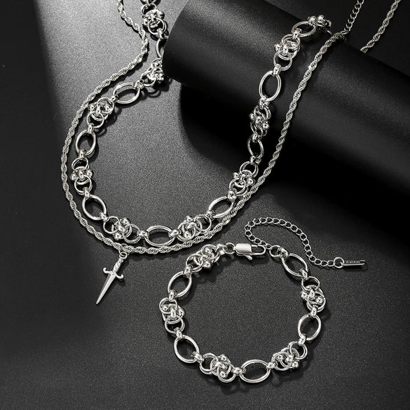 Men's Hiphop Alloy Iron Geometric Handmade Doublelayer Spliced Sword Pendant Layered Necklace