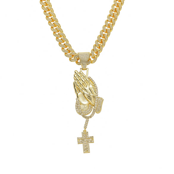 Men's Hiphop Alloy Jewelry With Pray Hand Cross And Geometric Diamond Design Cuban Chain Necklace