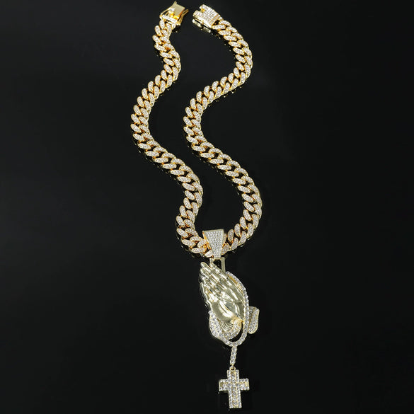Men's Hiphop Alloy Jewelry With Pray Hand Cross And Geometric Diamond Design Cuban Chain Necklace