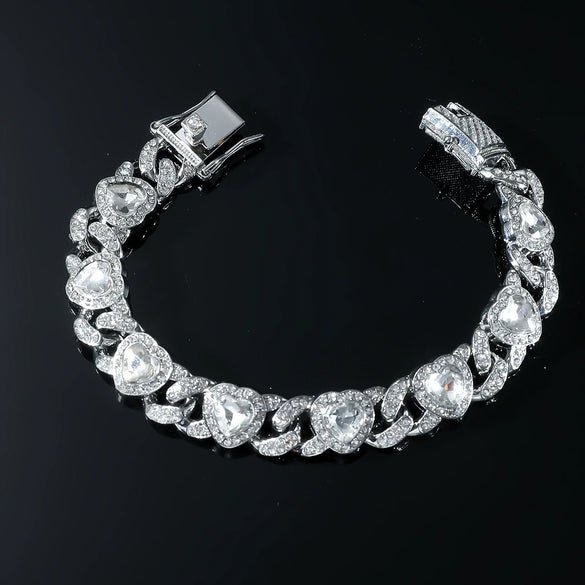 Men's Hiphop Alloy Love Heart Diamond Cuban Chain Necklace And Bracelet Jewelry