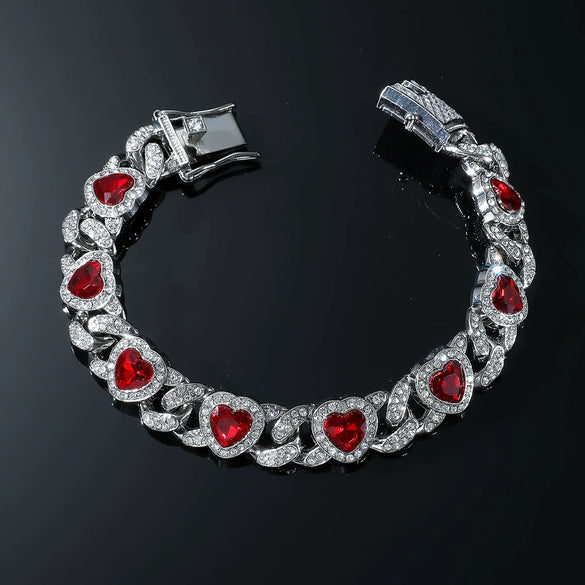 Men's Hiphop Alloy Love Heart Diamond Cuban Chain Necklace And Bracelet Jewelry