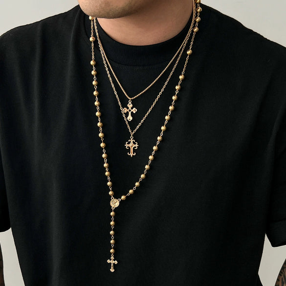 Men's Hiphop Cross Necklace Alloy Geometric Pattern Handmade Round Beads Regular Chain Jewelry