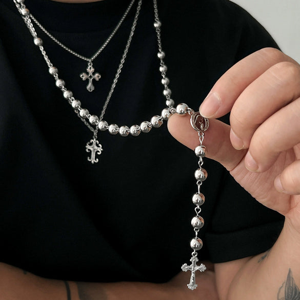 Men's Hiphop Cross Necklace Alloy Geometric Pattern Handmade Round Beads Regular Chain Jewelry