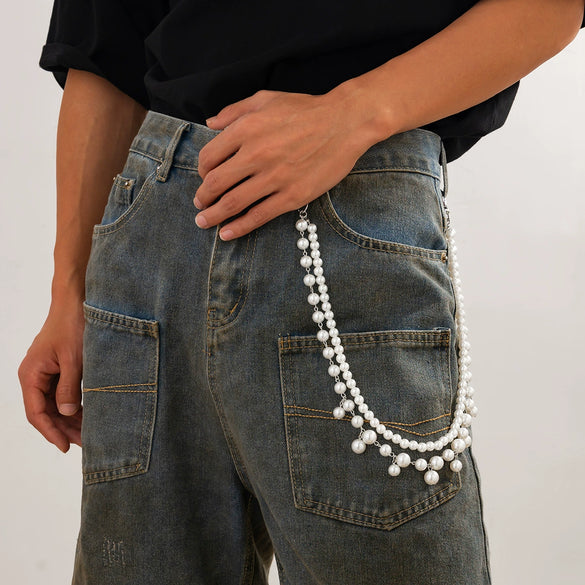 Men's Hiphop Fashion Pants Chain With Imitation Pearls Handmade Beads Alloy Belt Buckle Highend Matching Accessories