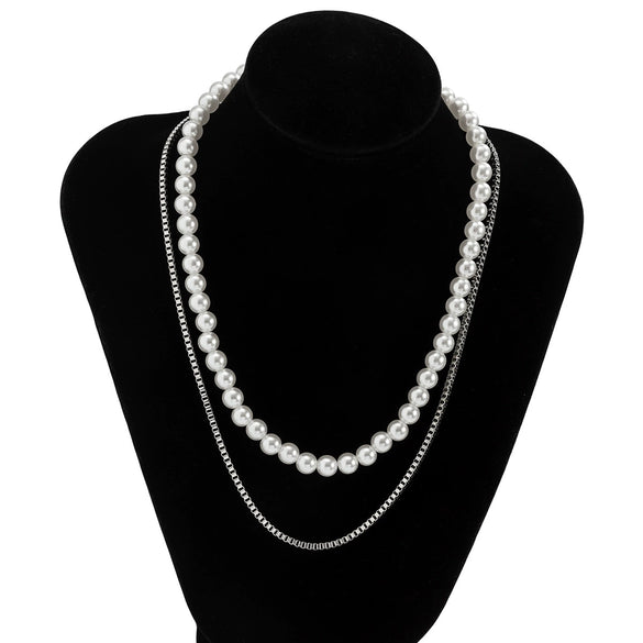 Men's Hiphop Geometric Box Chain Imitation Pearl Doublelayer Necklace