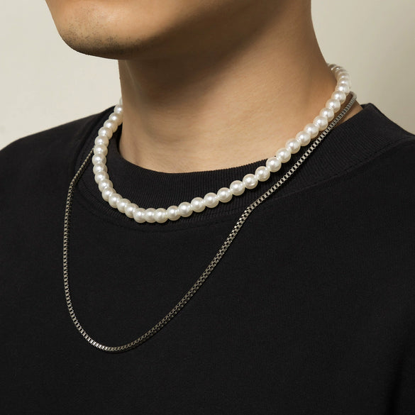 Men's Hiphop Geometric Box Chain Imitation Pearl Doublelayer Necklace