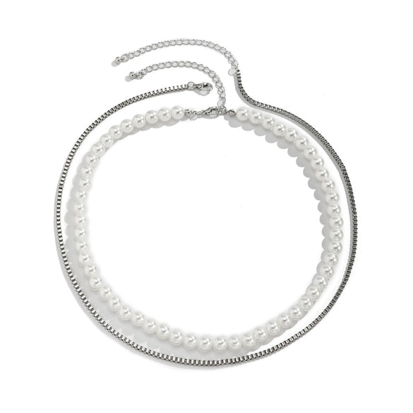 Men's Hiphop Geometric Box Chain Imitation Pearl Doublelayer Necklace