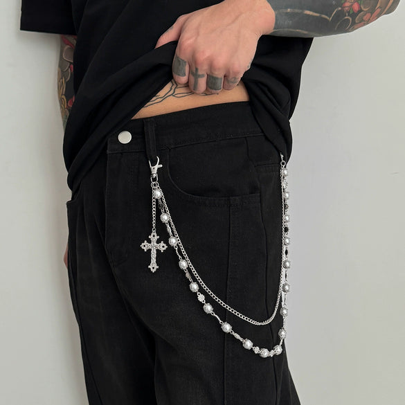 Men's Hiphop Metal Flower Pants Chain And Cross Pendant Accessories