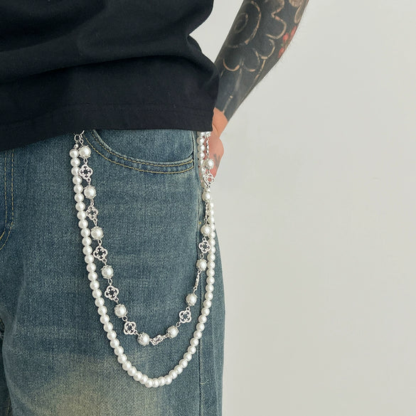 Men's Hiphop Metal Imitation Pearl Small Flower Diamondencrusted Pants Chain Pendant Jewelry