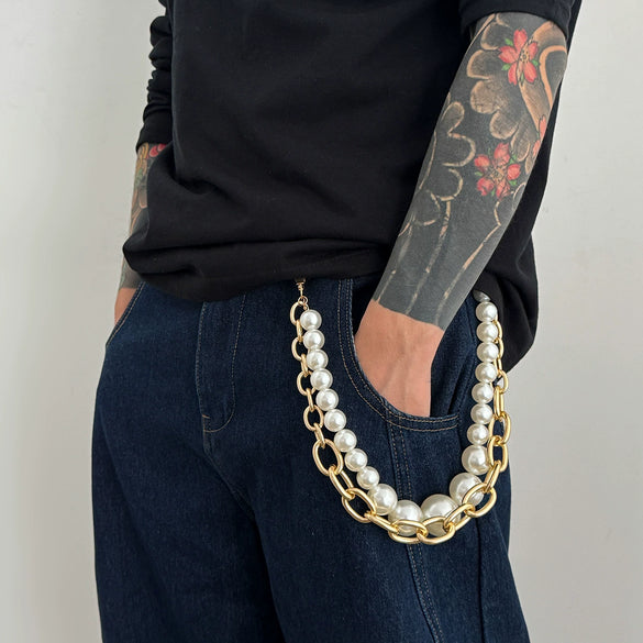 Men's Hiphop Metal Pants Chain With Large Pearl And Double Circle Design