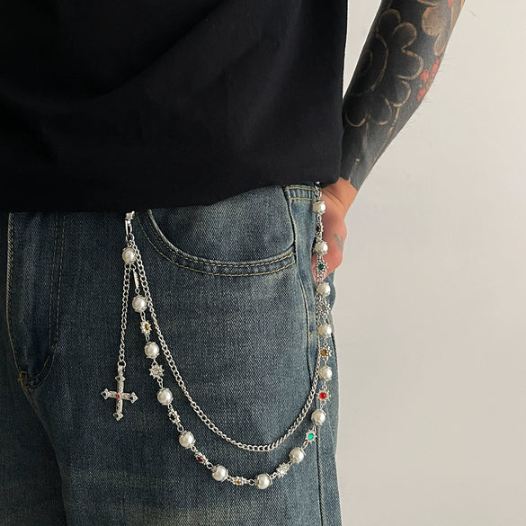 Men's Hiphop Metal Pearl Floret Pants Chain Waist Chain Accessories