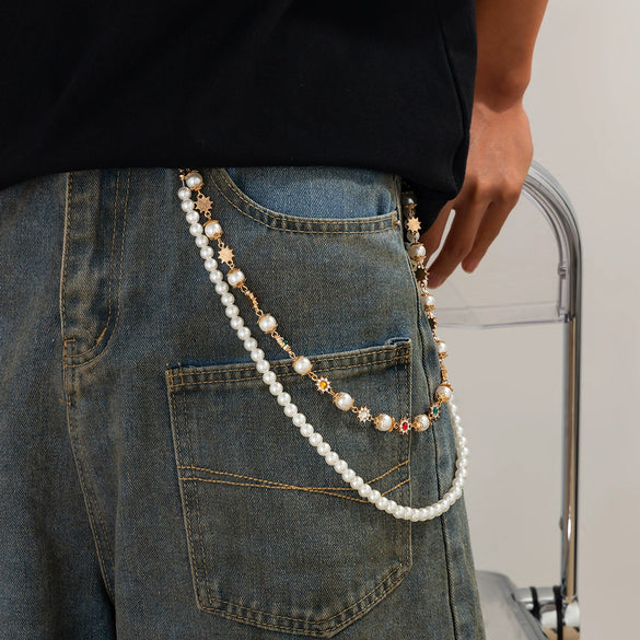 Men's Hiphop Metal Pearl Floret Pants Chain Waist Chain Accessories