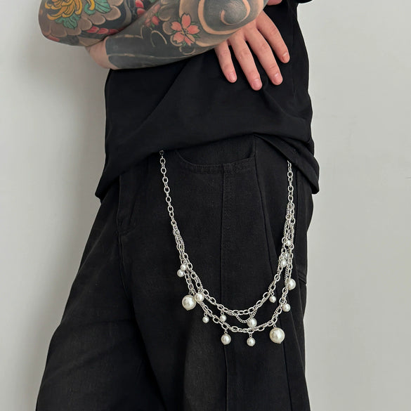 Men's Hiphop Metal Pearl Splicing Jeans Pendant Pants Chain Accessories