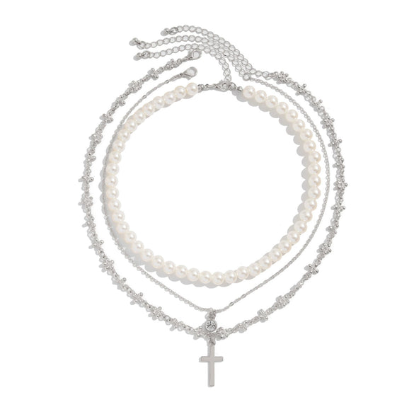 Men's Hiphop Niche Cross Necklace With Imitation Pearls And Alloy Pendant Geometric Pattern Handmade
