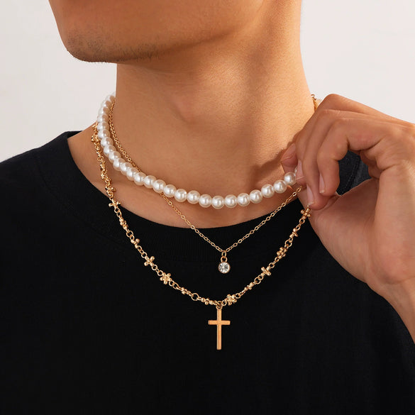 Men's Hiphop Niche Cross Necklace With Imitation Pearls And Alloy Pendant Geometric Pattern Handmade