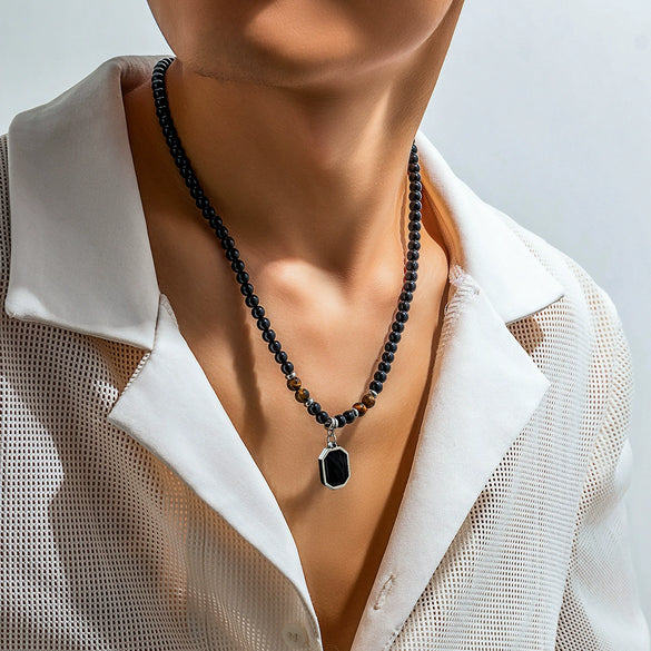 Men's Hiphop Niche Highend Simple Acrylic And Stainless Steel Geometric Handmade Beaded Necklace