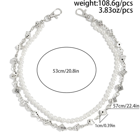 Men's Hiphop Retro Dice Splicing Metal Pearl Pants Chain Pendant