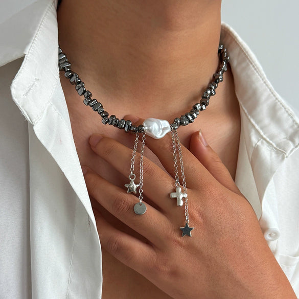 Men's Hiphop Specialshaped Imitation Pearl Geometric Fivepointed Star Tassel Clavicle Chain Handmade Alloy Jewelry