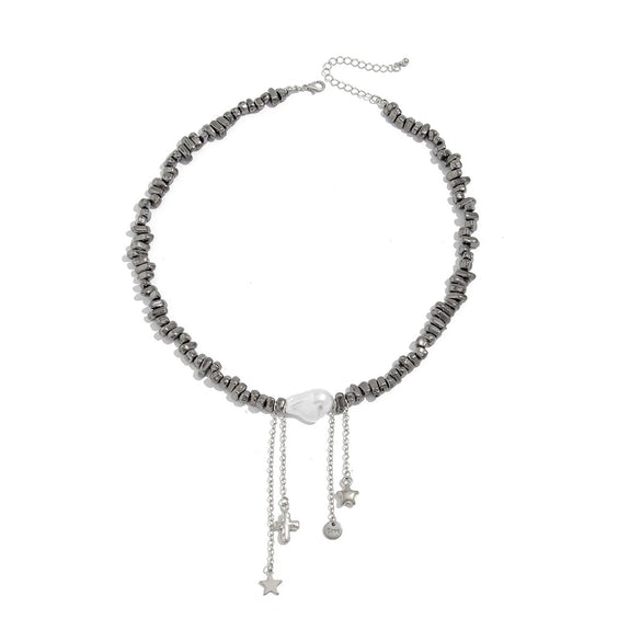 Men's Hiphop Specialshaped Imitation Pearl Geometric Fivepointed Star Tassel Clavicle Chain Handmade Alloy Jewelry