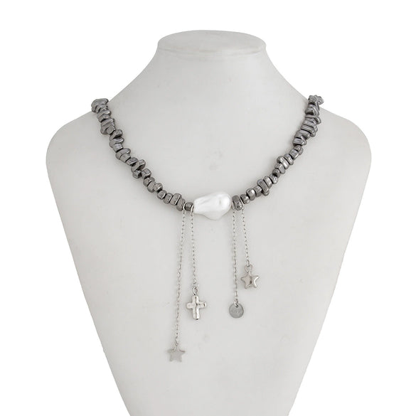 Men's Hiphop Specialshaped Imitation Pearl Geometric Fivepointed Star Tassel Clavicle Chain Handmade Alloy Jewelry
