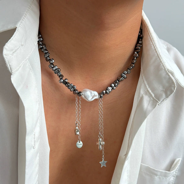 Men's Hiphop Specialshaped Imitation Pearl Geometric Fivepointed Star Tassel Clavicle Chain Handmade Alloy Jewelry