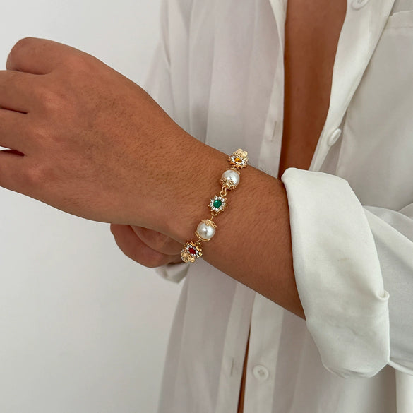 Men's Hiphop Style Alloy Handmade Flower Pearl Bracelet