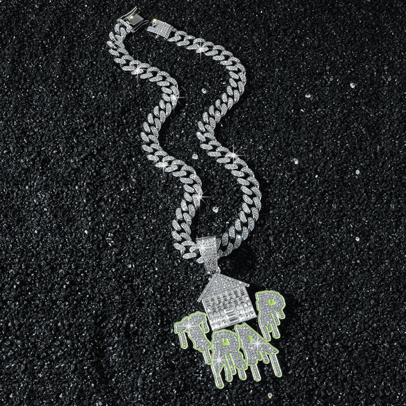 Men's Hiphop Style Zinc Alloy Cuban Chain Pendant Necklace With Diamond Pattern And Electroplating
